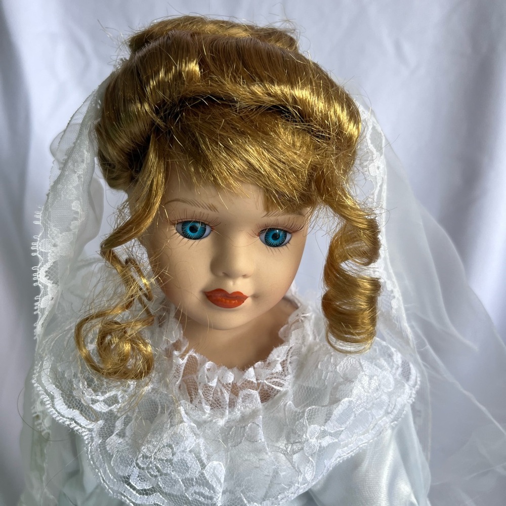 Porcelain Doll with Lace Veil and Blonde Hair